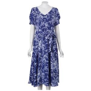 Talbots Midi Dress 8 Blue Floral Print Short Sleeve Elastic Waist Tie Belt